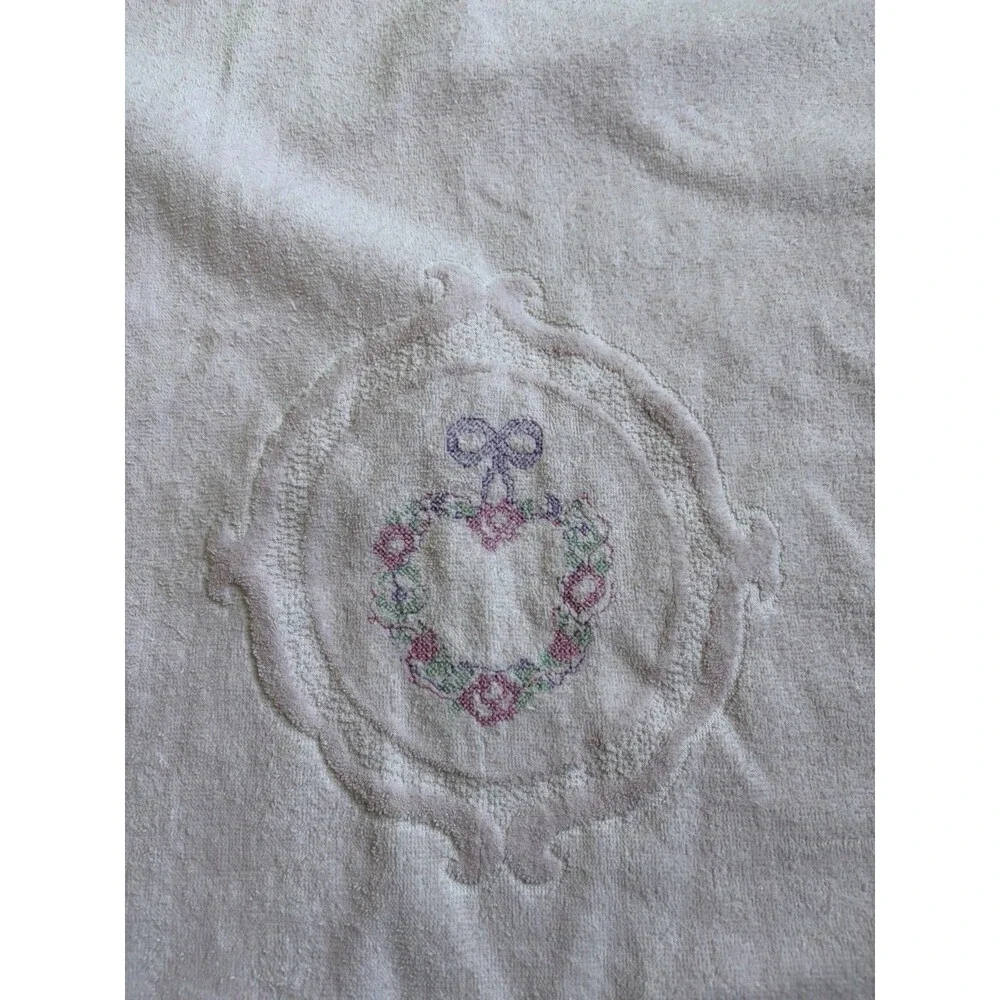 Vintage Embroidered Towel Full Size Pink Flowers Floral Cottage Core